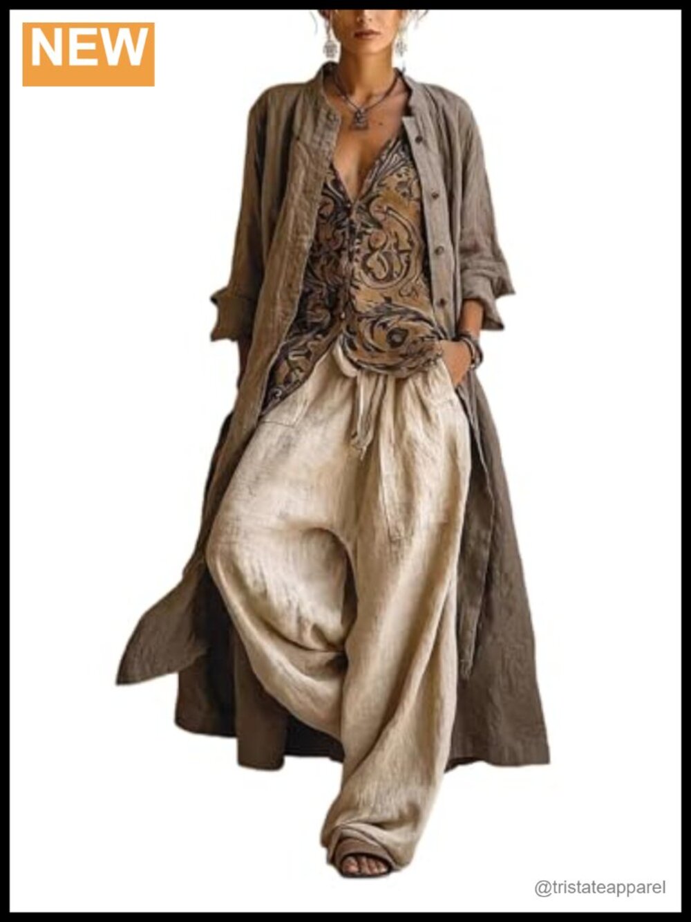Women's Vintage 3-Piece Duster Coat Tank Top Wide Leg Pants Set Boho